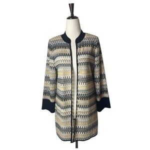 Misook Sweater Women XS Black Tan Knit Geometric Sparkle Open Long Line Cardigan